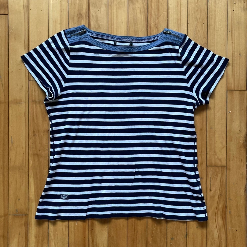 Lauren by Ralph Lauren Women's Striped Boat Neck Short Sleeve T-Shirt Blue White